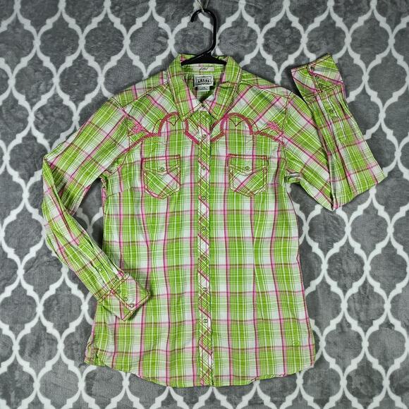 Ariat Shirt Womens Large Green Pink Plaid Fitted Western Pearl Snap Embroidered - Picture 2 of 14